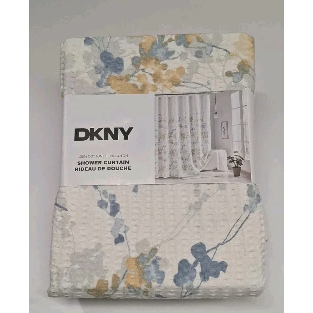 DKNY 'Wallflower' Floral Shower Curtain 100% Cotton 72 X 74 Yellow, Blue & Gray